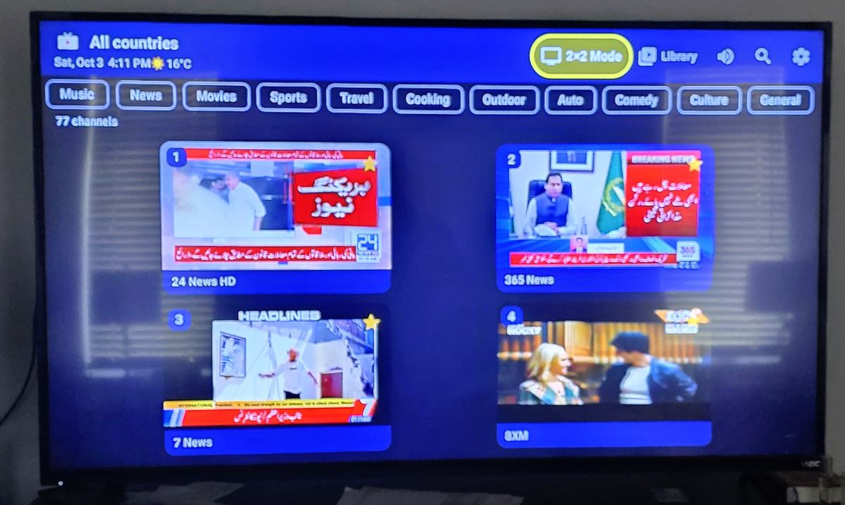NextGen Cable on a TV, 2Γ2: four channels, all playing